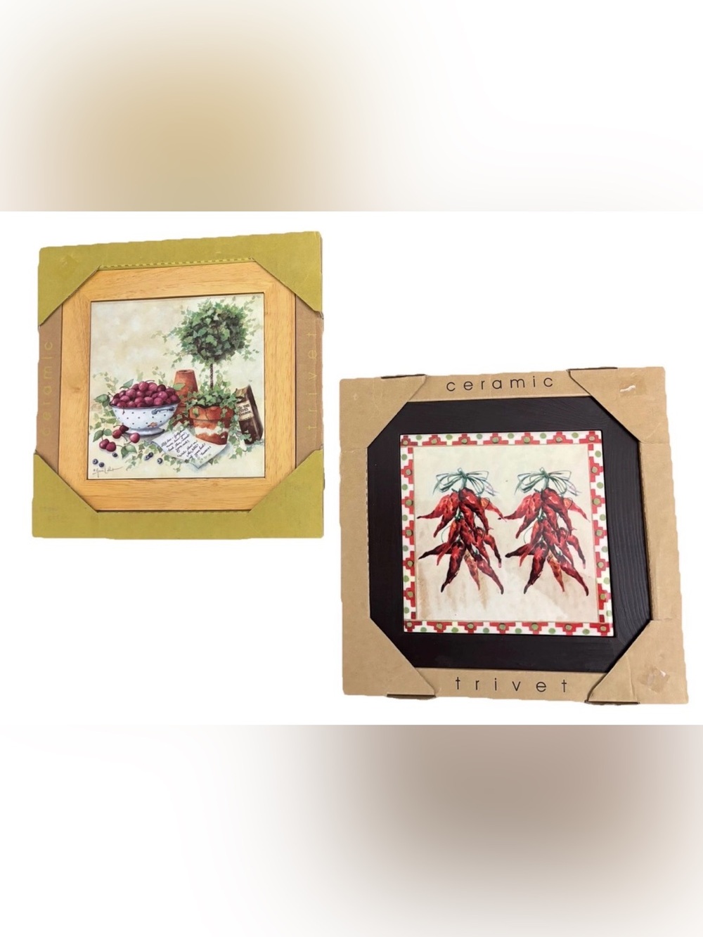 2 NIB Chili Pepper Southwestern Style Ceramic Trivet Bonsai Berry Wall Tile Wood